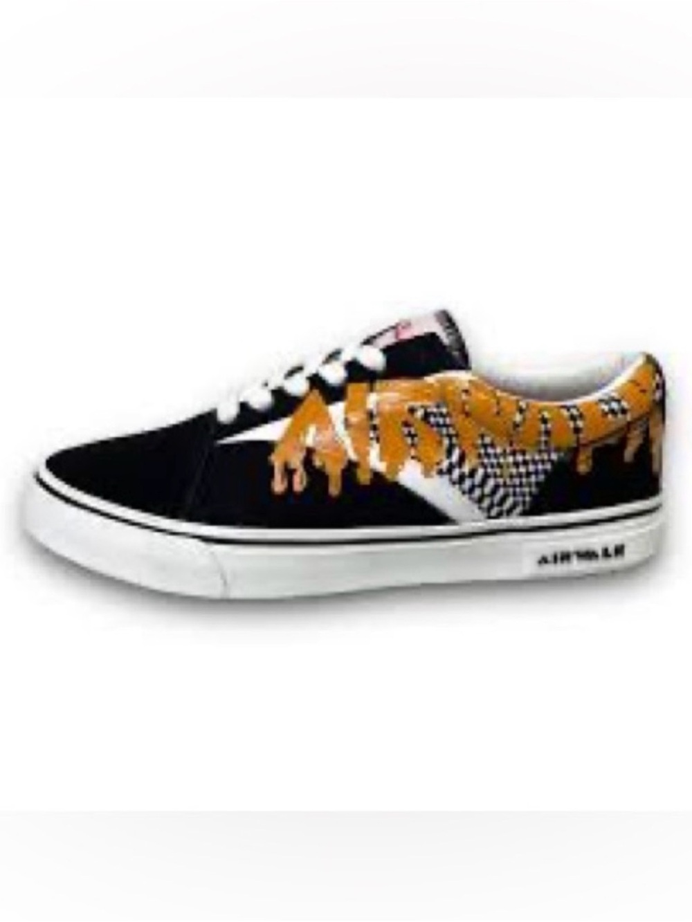 Airwalk Black Low-Top Sneakers with Orange Checkerboard Drip Detail